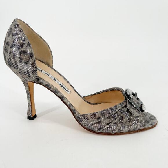 Vintage Manolo Blahnik Leopard Print Peep Toe Buckle Detail D'Orsay Heel IT 36.5 - Picture 2 of 11
